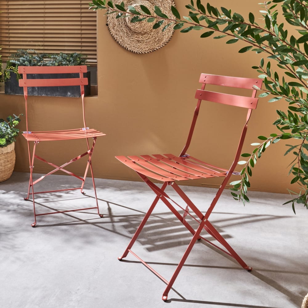 Set sillas de jardín plegables de metal, 2 asientos, terracotta