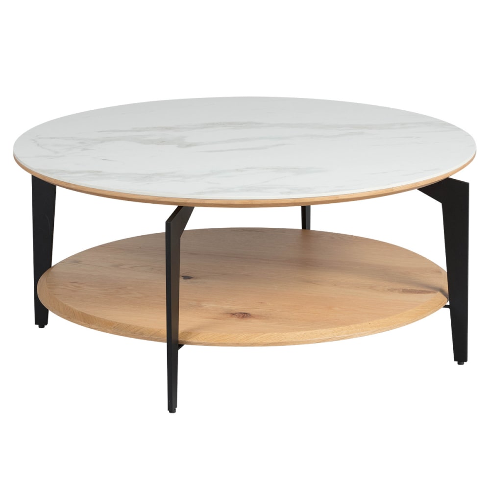 Table basse ronde en chêne et métal gris