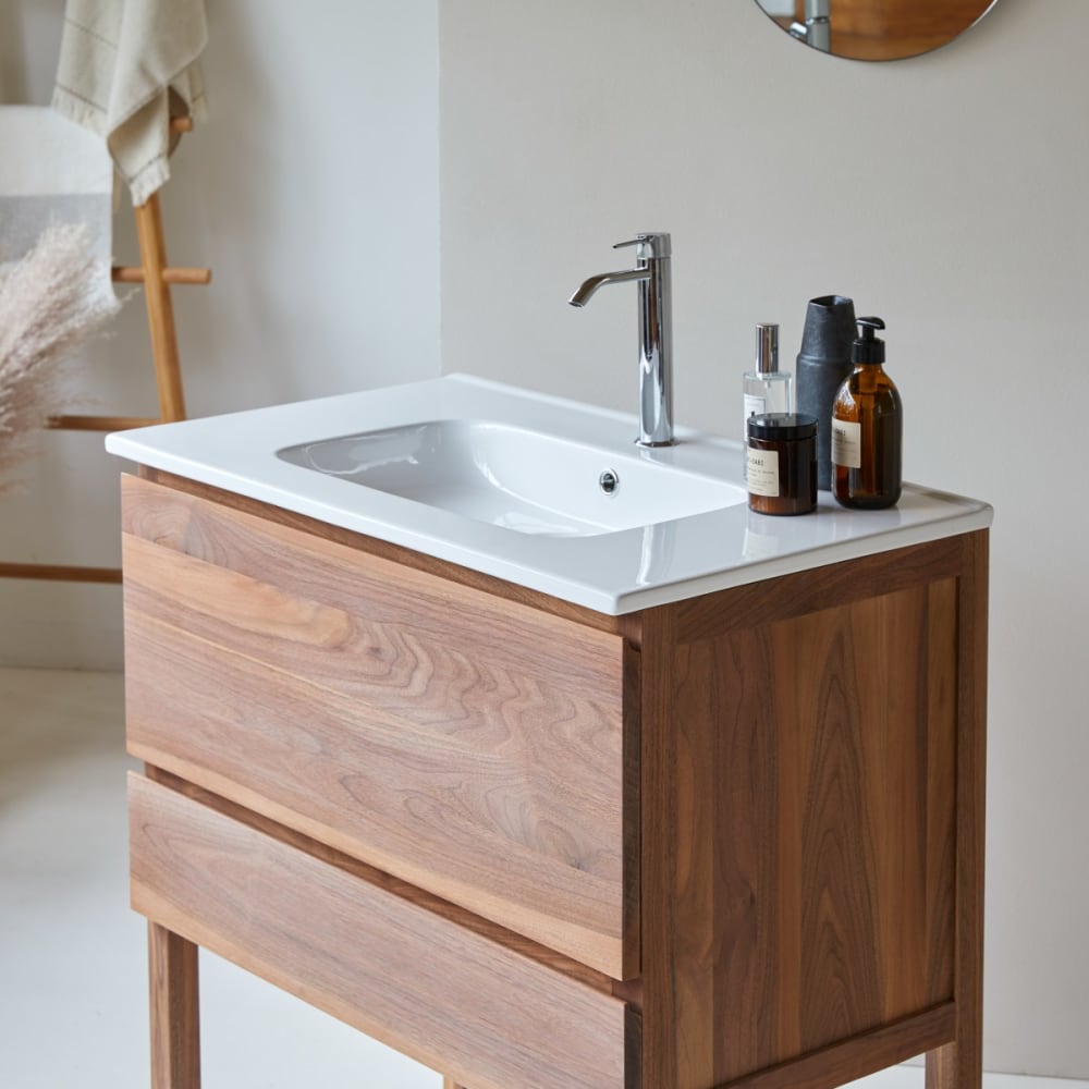 Badezimmermöbel aus massivem Nussbaumholz und Keramik 80 cm -