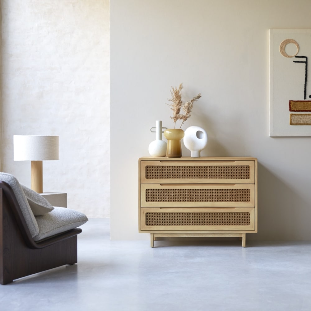 Tikamoon Kommode aus massiver Ulme und Rattangeflecht style exotic Beige Holz
