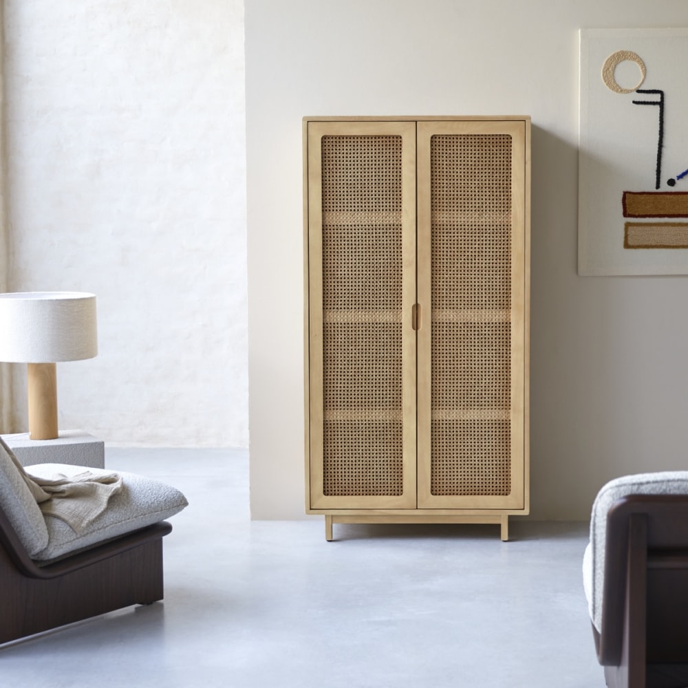 Tikamoon Schrank aus massiver Ulme und Rattangeflecht style exotic Beige Holz