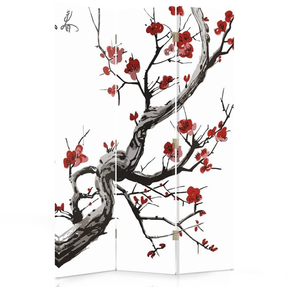 Paravento - Separè Cherry Blossom cm. 110x150 (3 pannelli) - Rosso - PES - Poliestere