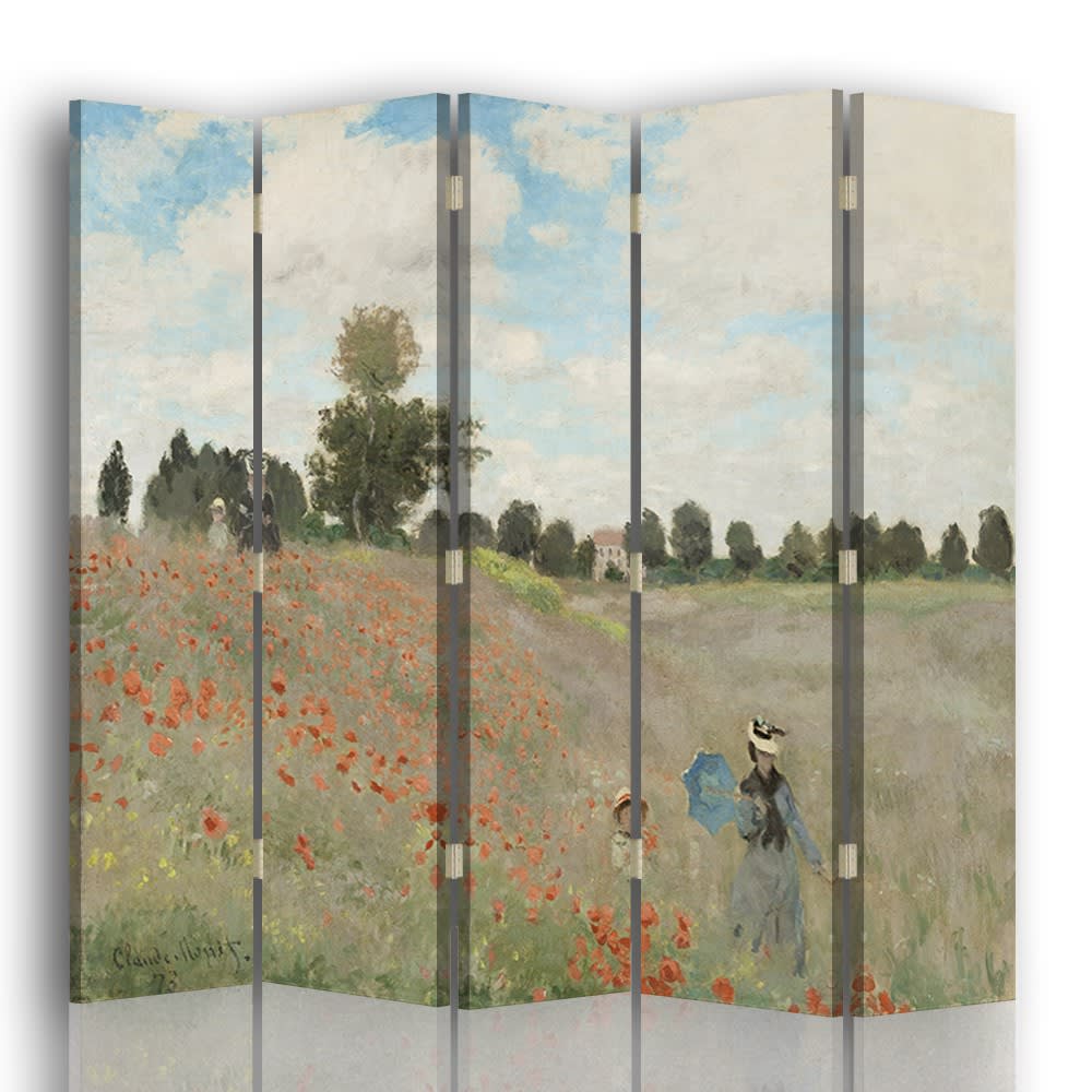 Paravento - Separè Campo Di Papaveri cm. 180x170 (5 pannelli) - Rosso - PES - Poliestere