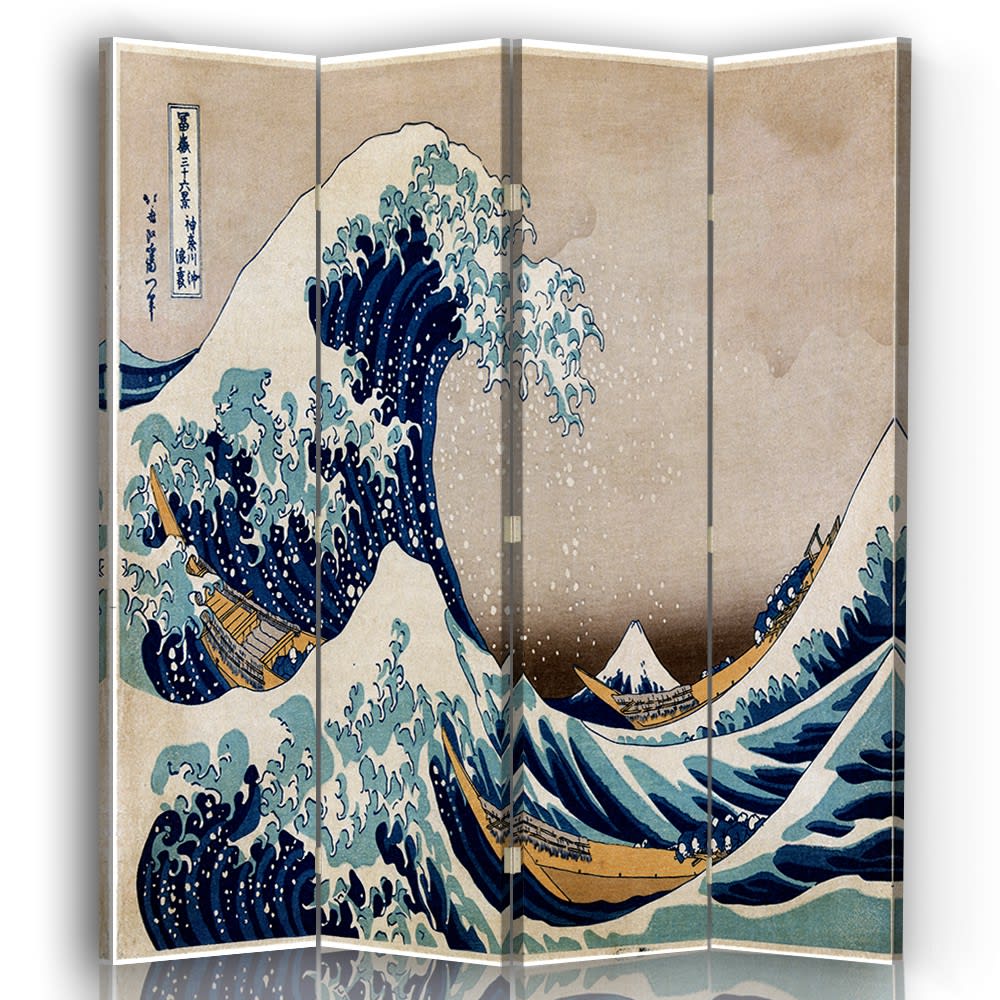 Paravento - Separè La Grande Onda Di Kanagawa cm. 145x170 (4 pannelli) - Blu - PES - Poliestere