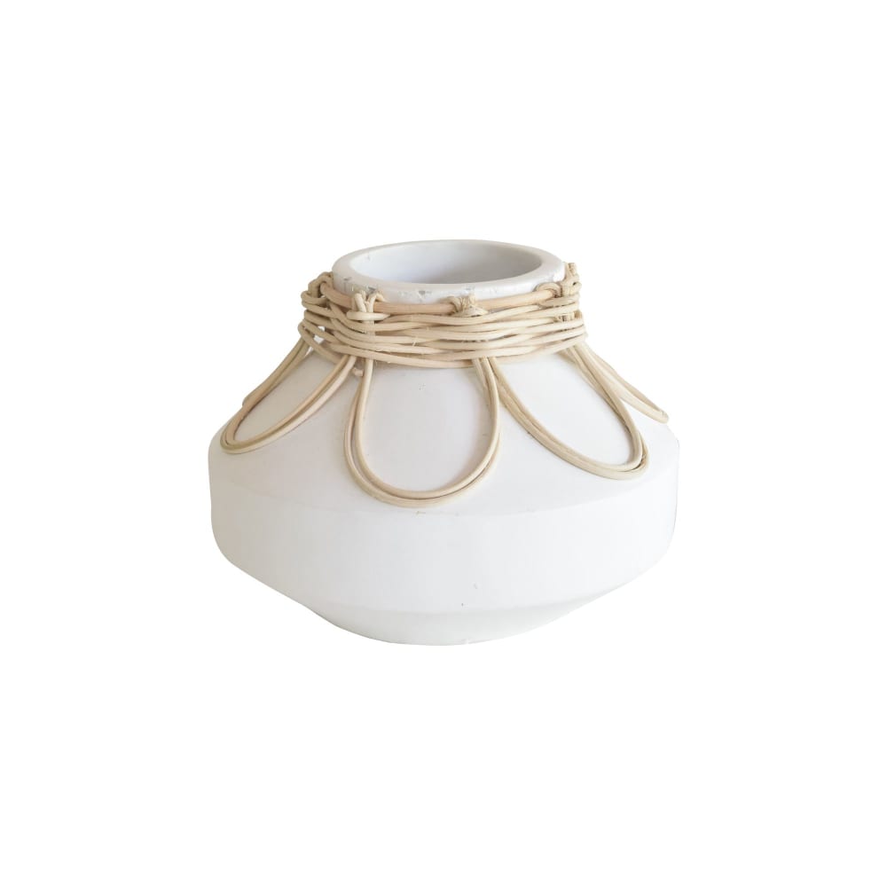 Vase en béton et rotin blanc h16cm