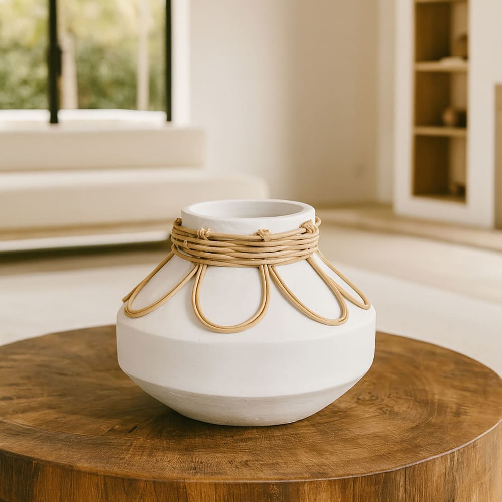 Vase en béton et rotin blanc h16cm - Maisons du Monde