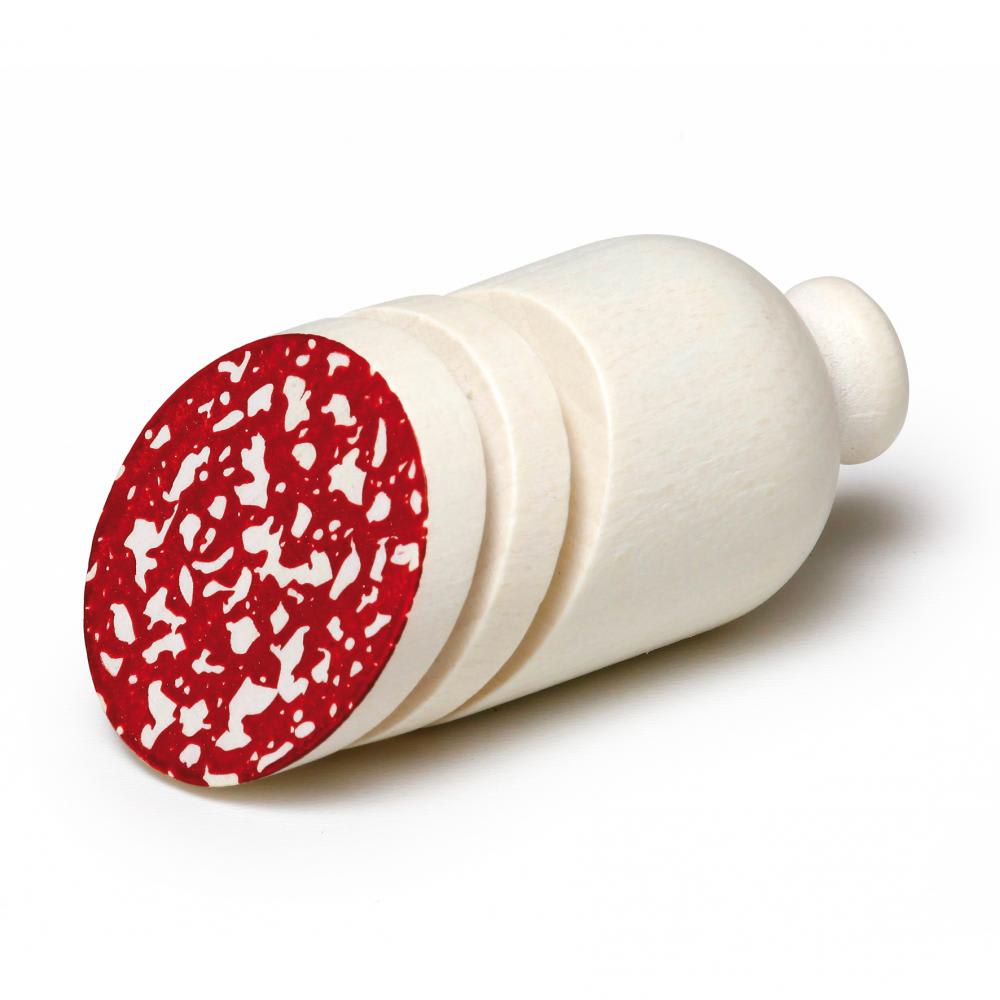 ERZI Inhalt: 3 Teile aus Holz zum Spielen. Aufgepasst und konzentriert - leckere Salami mit Klett zum Schneiden. Salami zum Schneiden aus Holz von