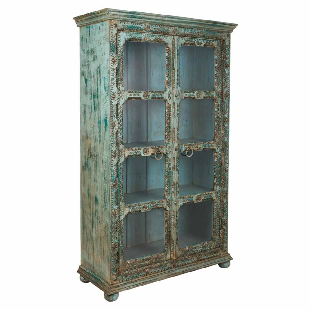 Wanderlust deco Vitrine aus geschnitztem Holz, 106x43x180, blau style exotic - Holz