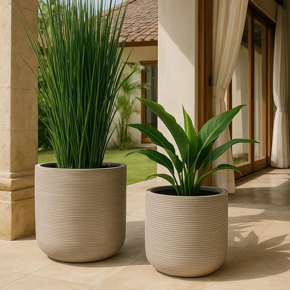 Set de 2 pots ronds en terre d'argile taupe 38/45cm