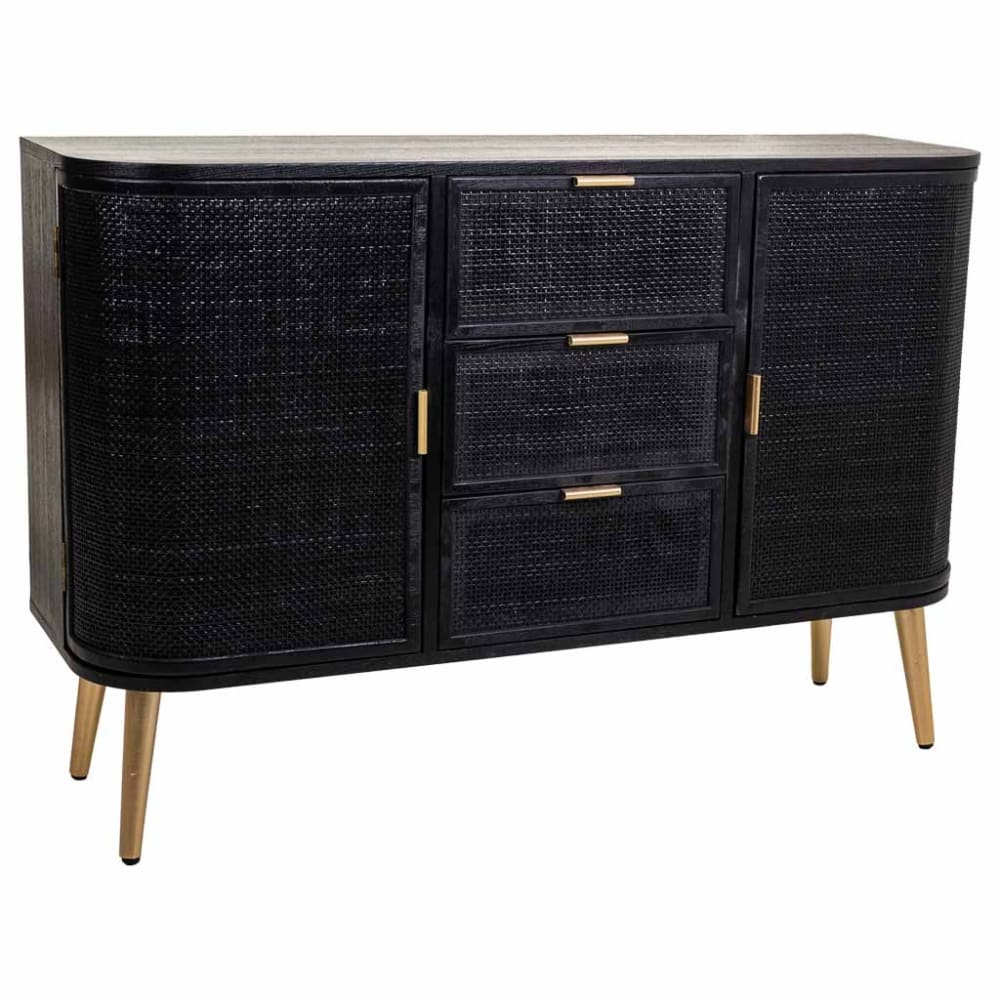 Buffet bois et rotin noir et doré 115x35x77cm