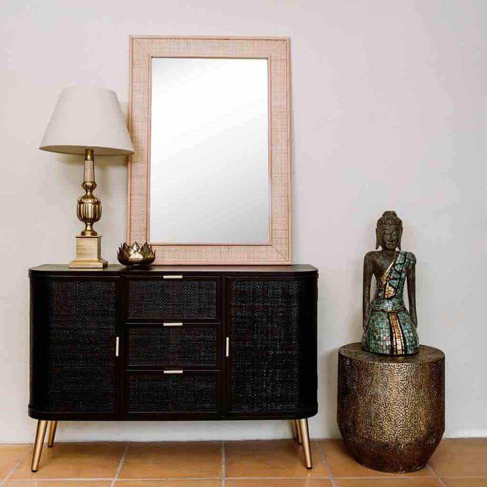 Sideboard aus Holz und Rattan 115x35x77 cm in Schwarz und Gold -