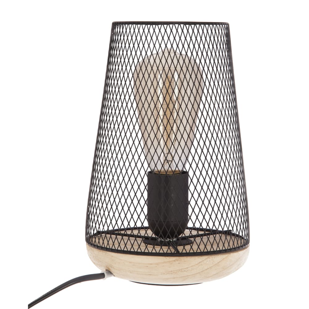 Lampe à poser grille et bois métal/bois noir hauteur 23 cm