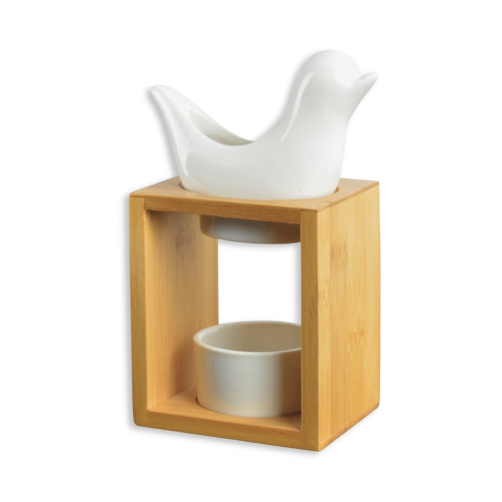 Brûle Parfum en Bambou et Oiseau en Céramique Laquée Blanche - H15cm Brûle Parfum en Bambou et Oiseau en Céramique Laquée Blanche - H15cm