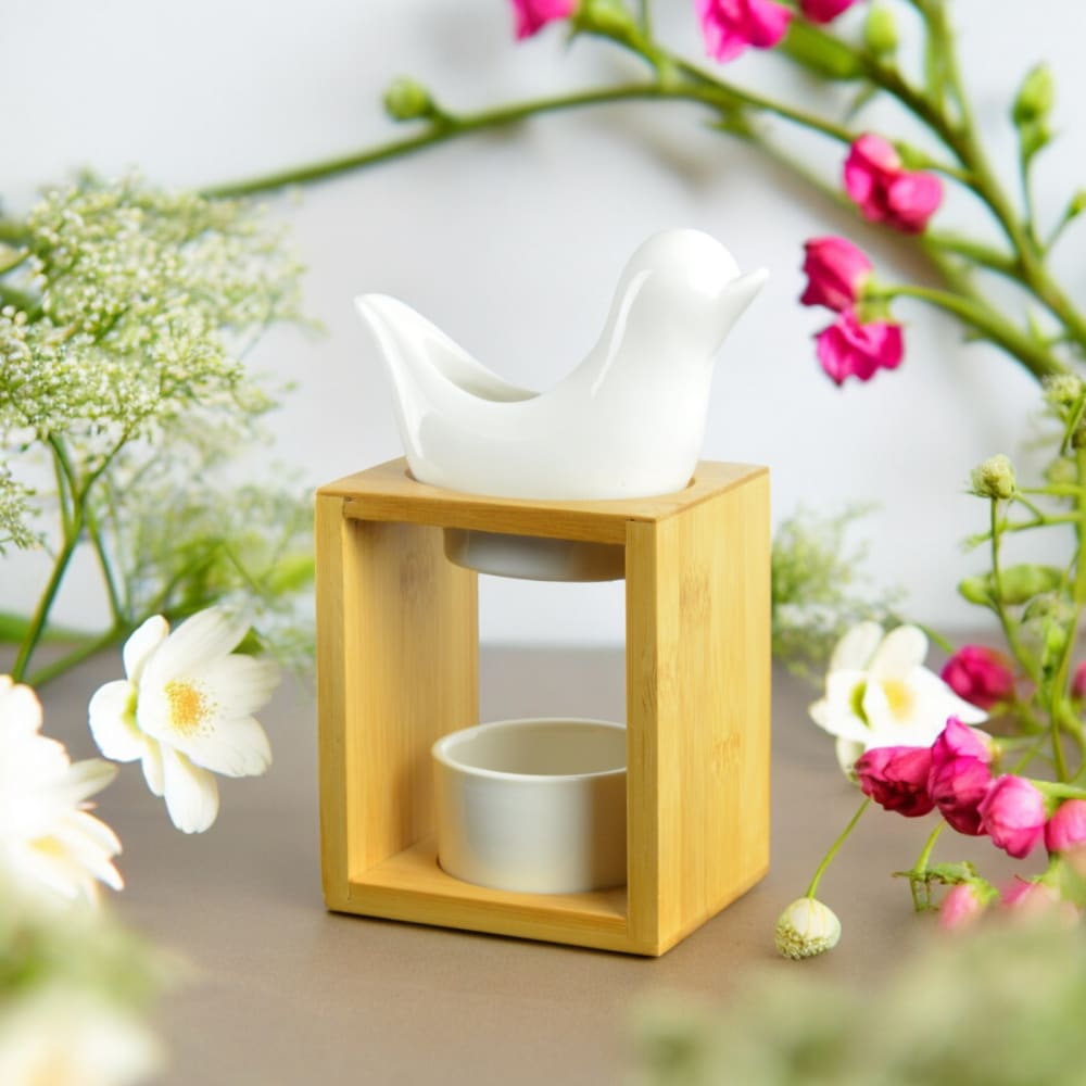Brûle Parfum en Bambou et Oiseau en Céramique Laquée Blanche - H15cm - Maisons du Monde