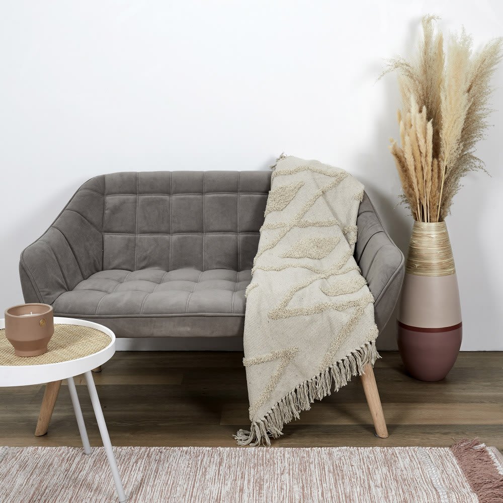 Plaid ethnique relief losange écru coton 120x150cm