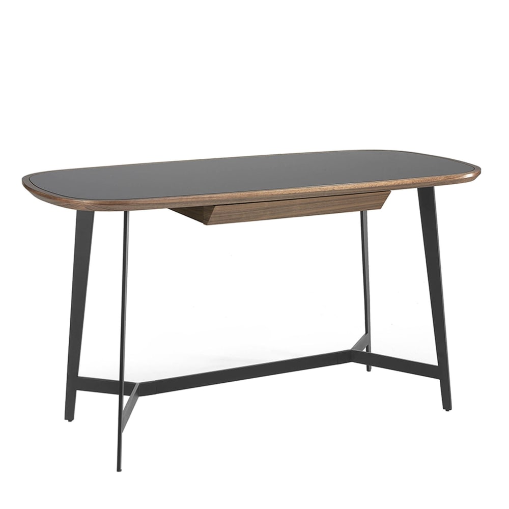 Bureau en noyer et acier noir avec plateau en verre noir Bureau en noyer et acier noir avec plateau en verre noir
