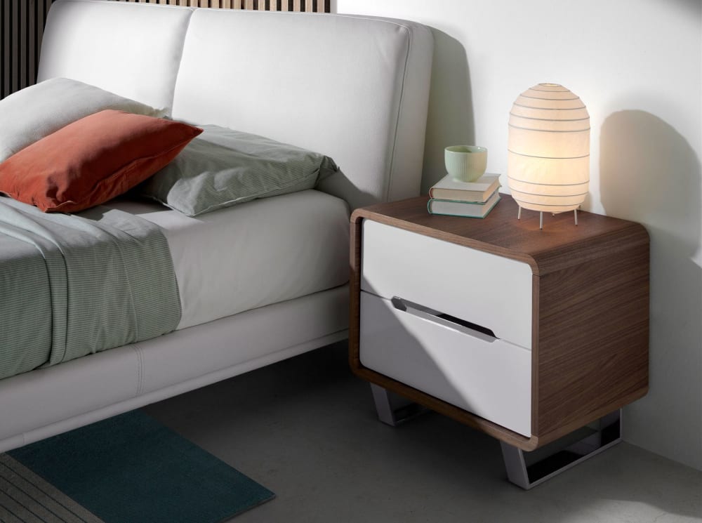 Comodino legno bianco, noce e acciaio cromato - Modello Contemporaneo - Marrone - Pannello di particelle