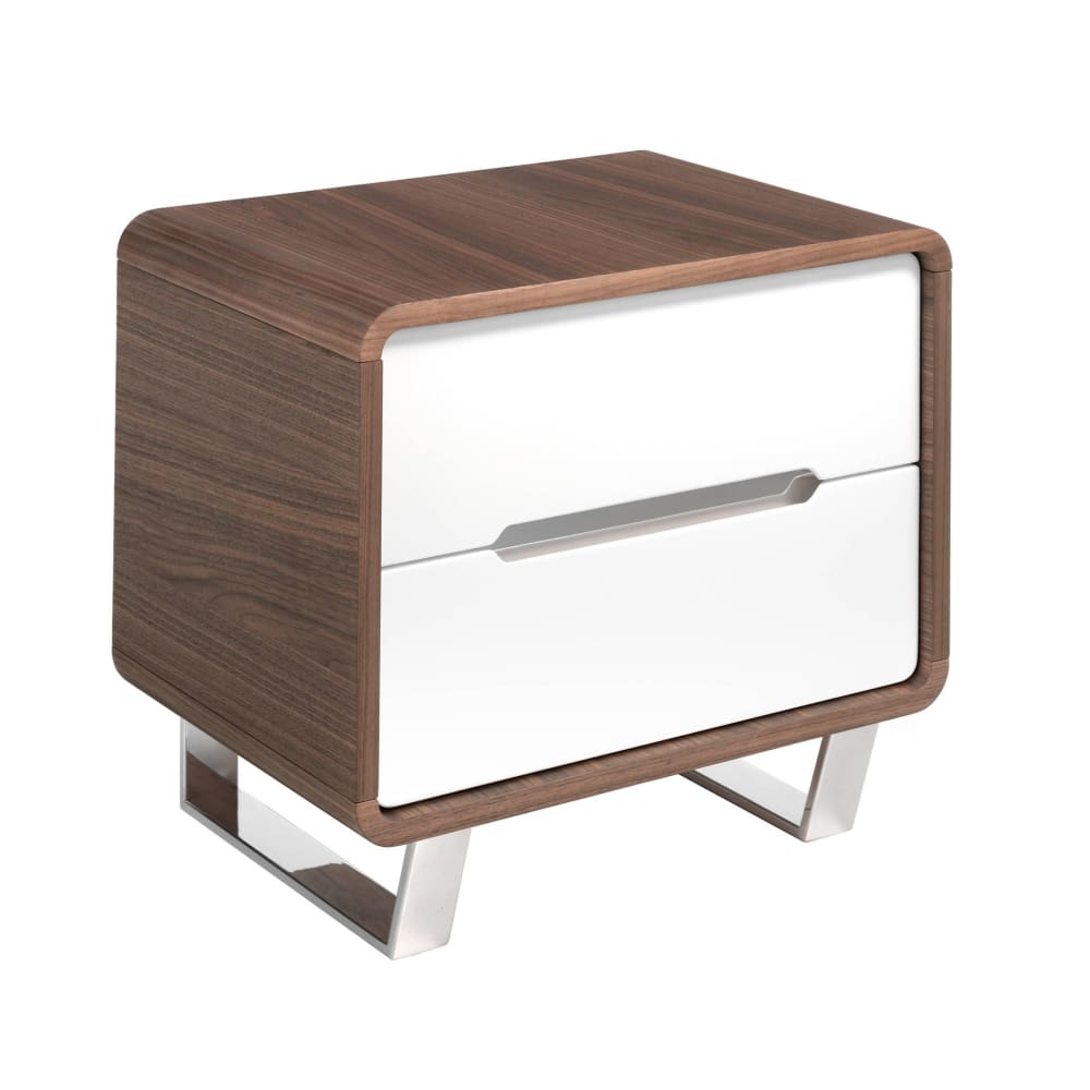 Table de chevet bois blanc, noyer et acier chromé Table de chevet bois blanc, noyer et acier chromé