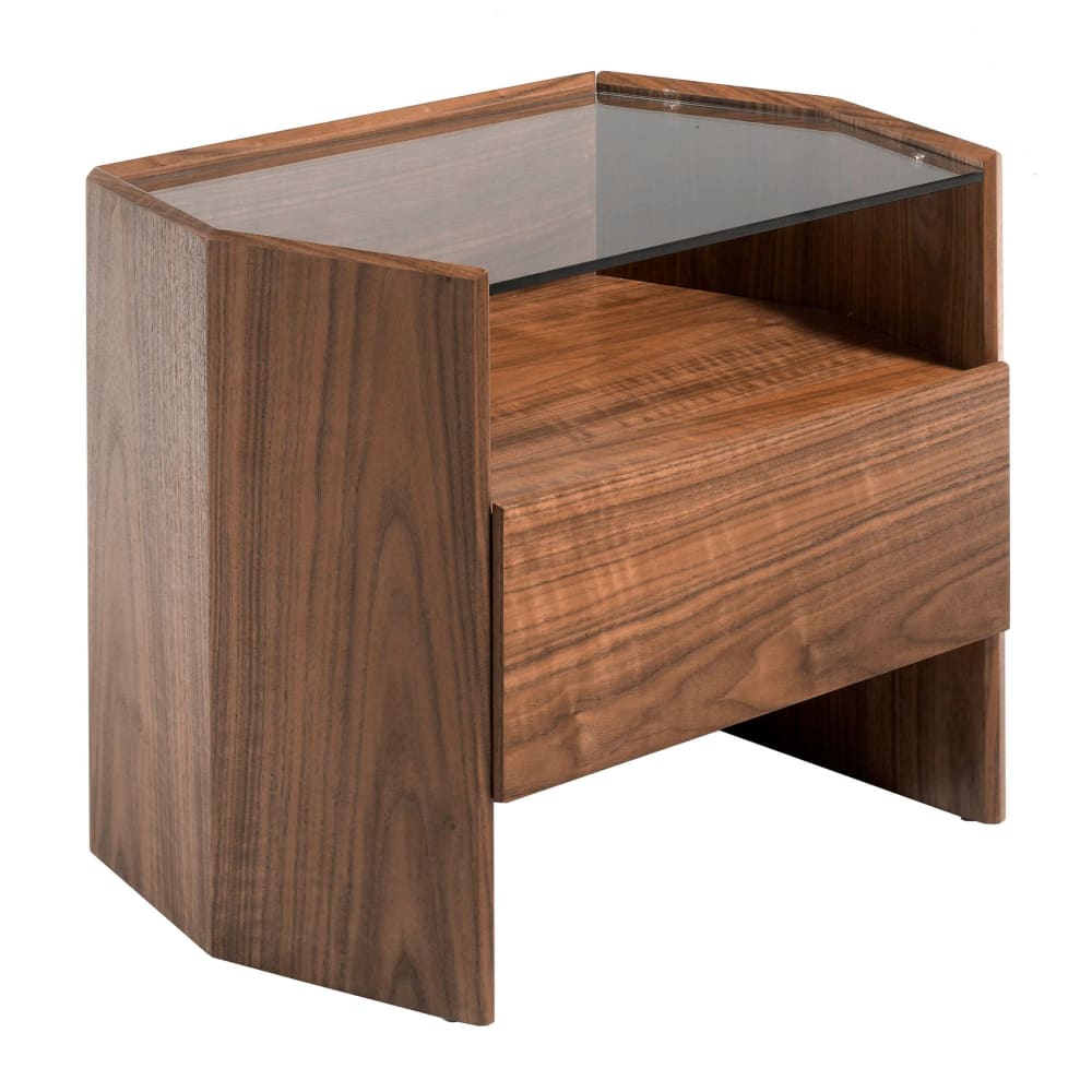 Table de chevet en noyer avec plateau en verre trempé Table de chevet en noyer avec plateau en verre trempé