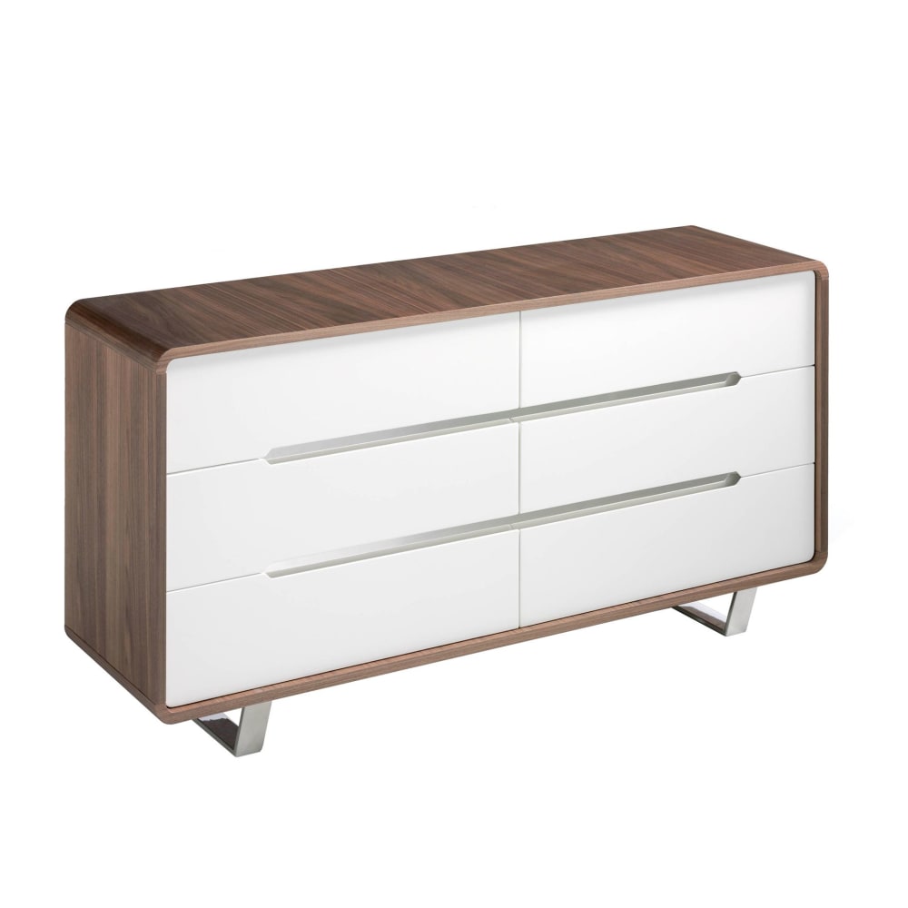 Commode en bois blanc, noyer et acier chromé Commode en bois blanc, noyer et acier chromé