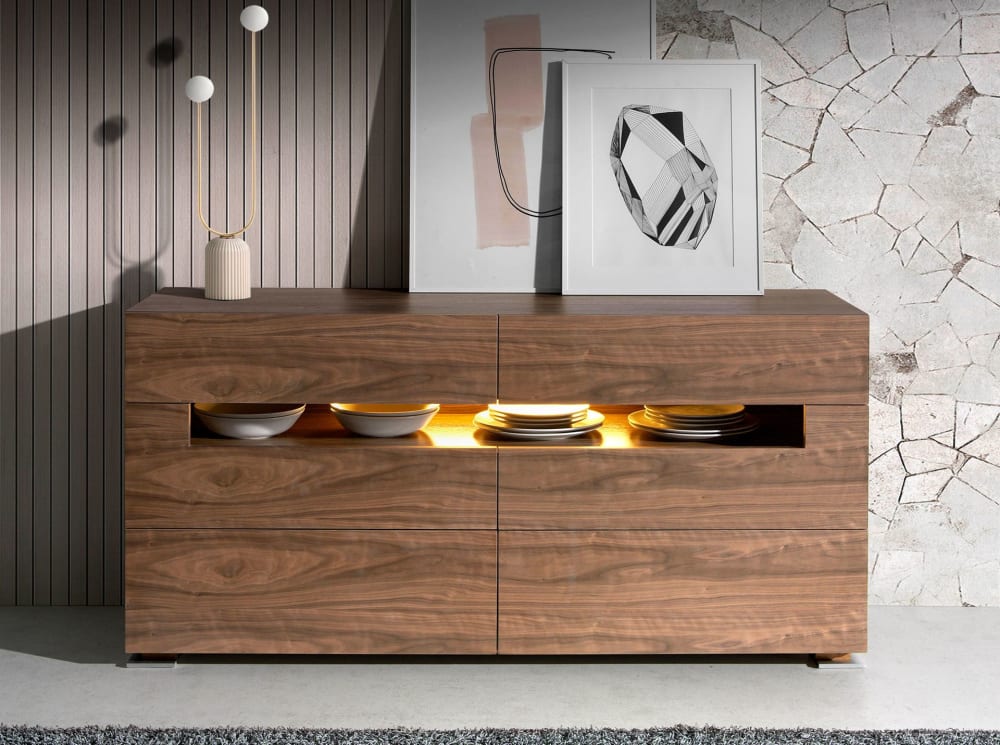 Buffet noyer et acier poli avec éclairage intérieur