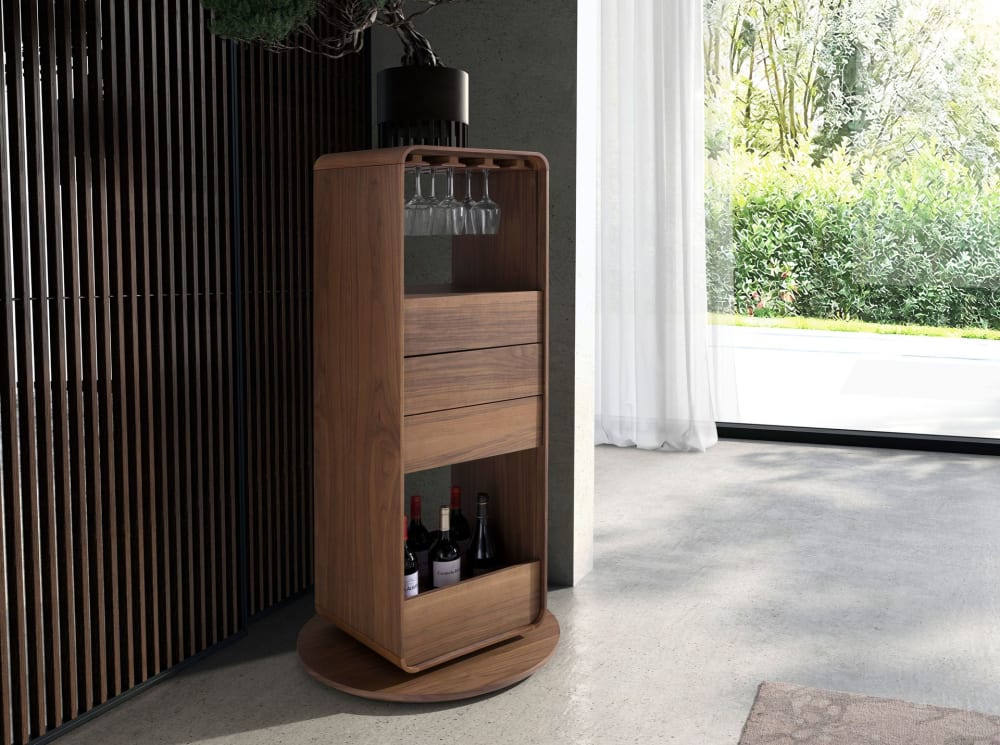 Mobile bar girevole in noce - Modello Contemporaneo - Marrone - LEGNO