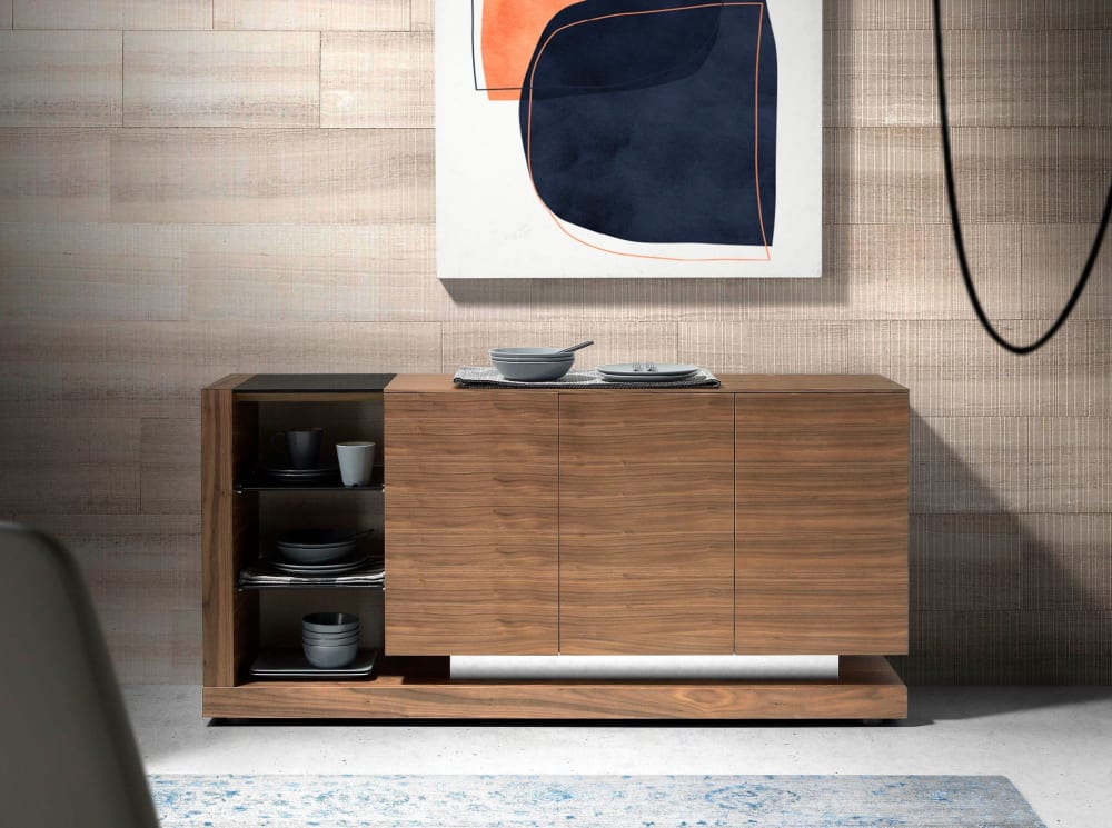 Angel Cerda Sideboard Nussbaum, gebürsteter Stahl und schwarze Glasplatte style modern Braun Spanplatte