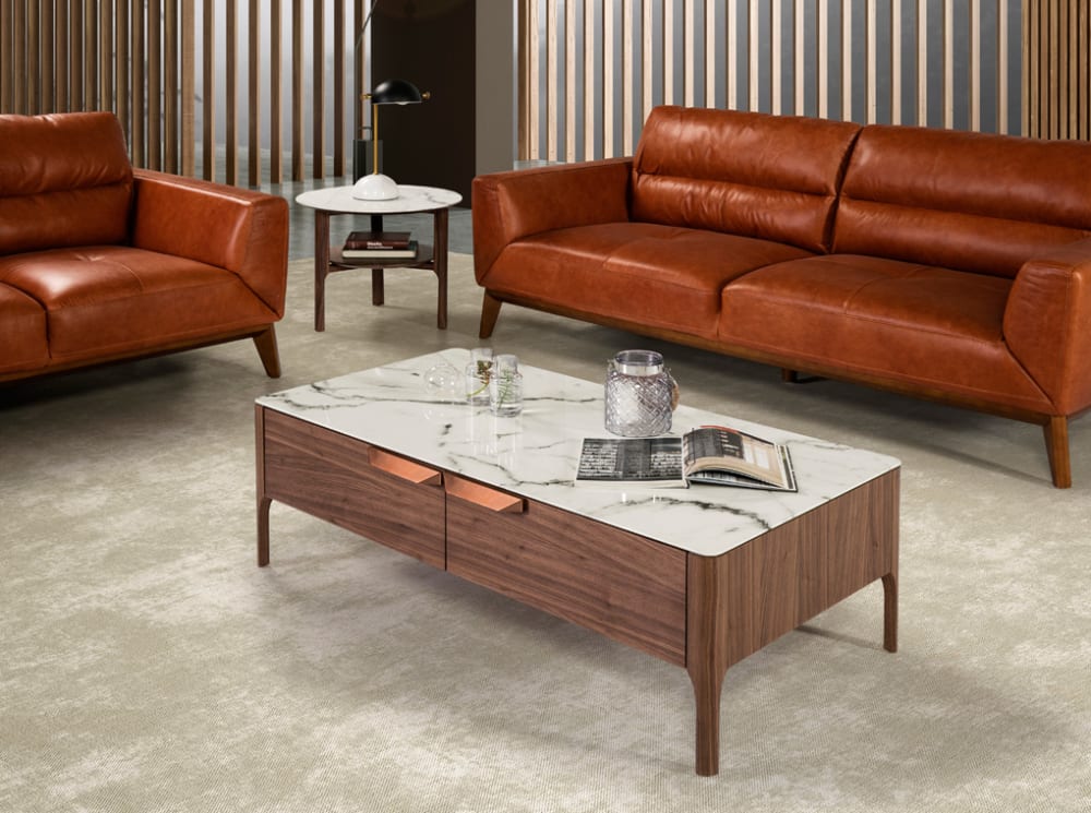 Mesa rincón redonda cristal imitación mármol y nogal - Maisons du Monde