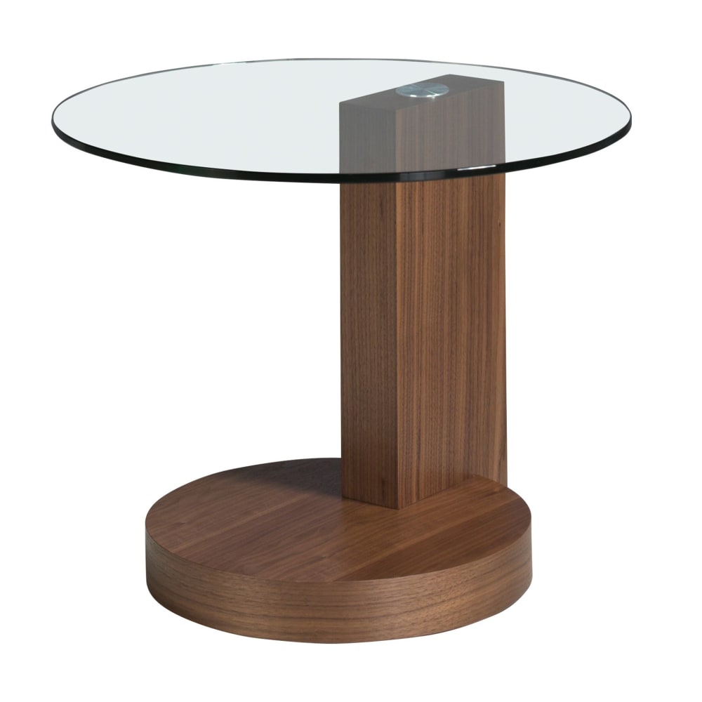 Table d'angle ronde en verre trempé et noyer Table d'angle ronde en verre trempé et noyer