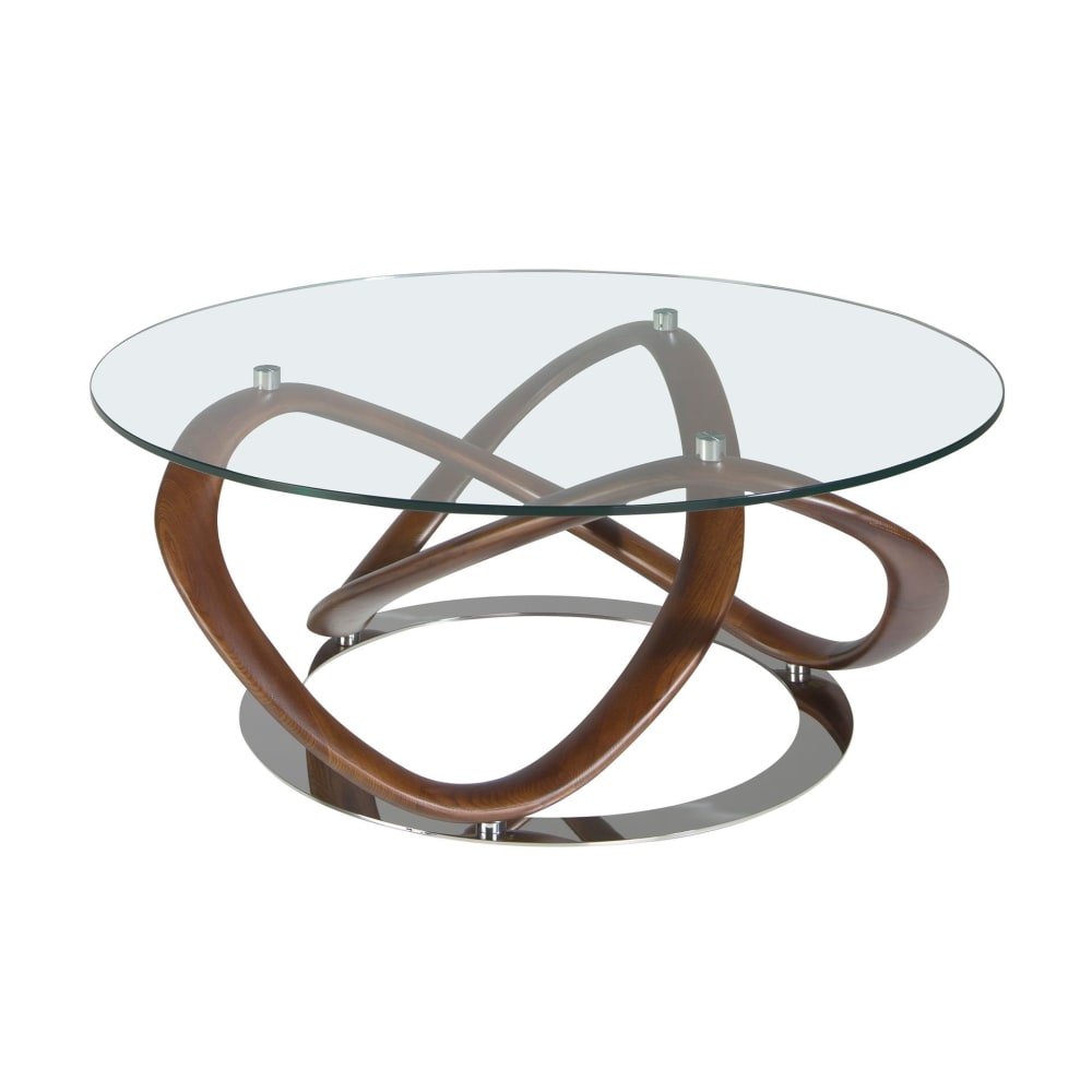 Table basse ronde en verre trempé, noyer et acier chromé Table basse ronde en verre trempé, noyer et acier chromé