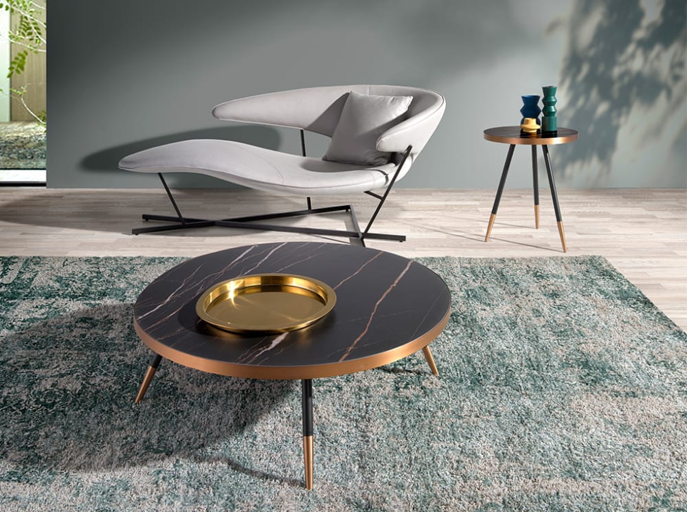 Table basse ronde en marbre de porcelaine et acier noir