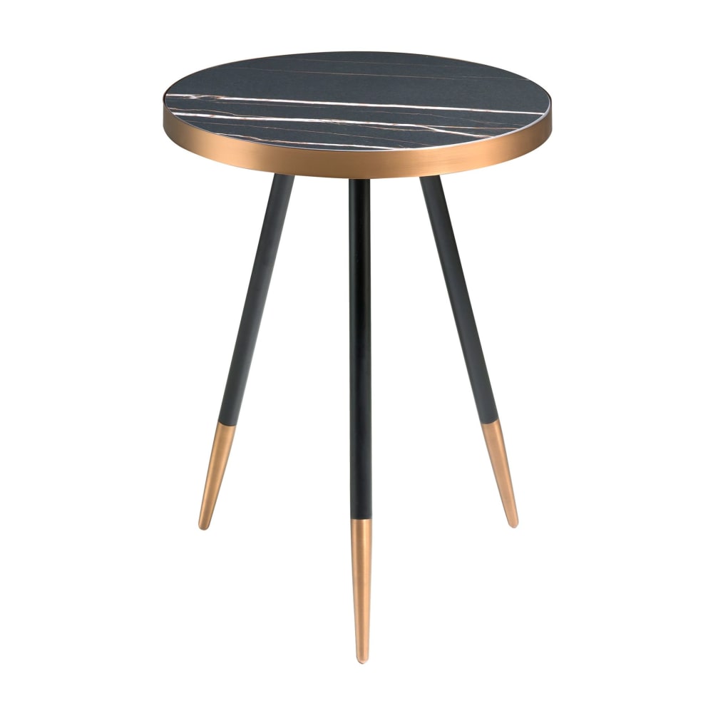 Table d'angle ronde en marbre porcelaine et acier noir