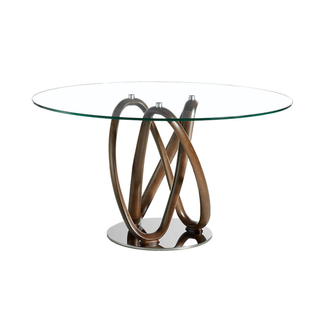 Table à manger en verre trempé et effet bois noyer