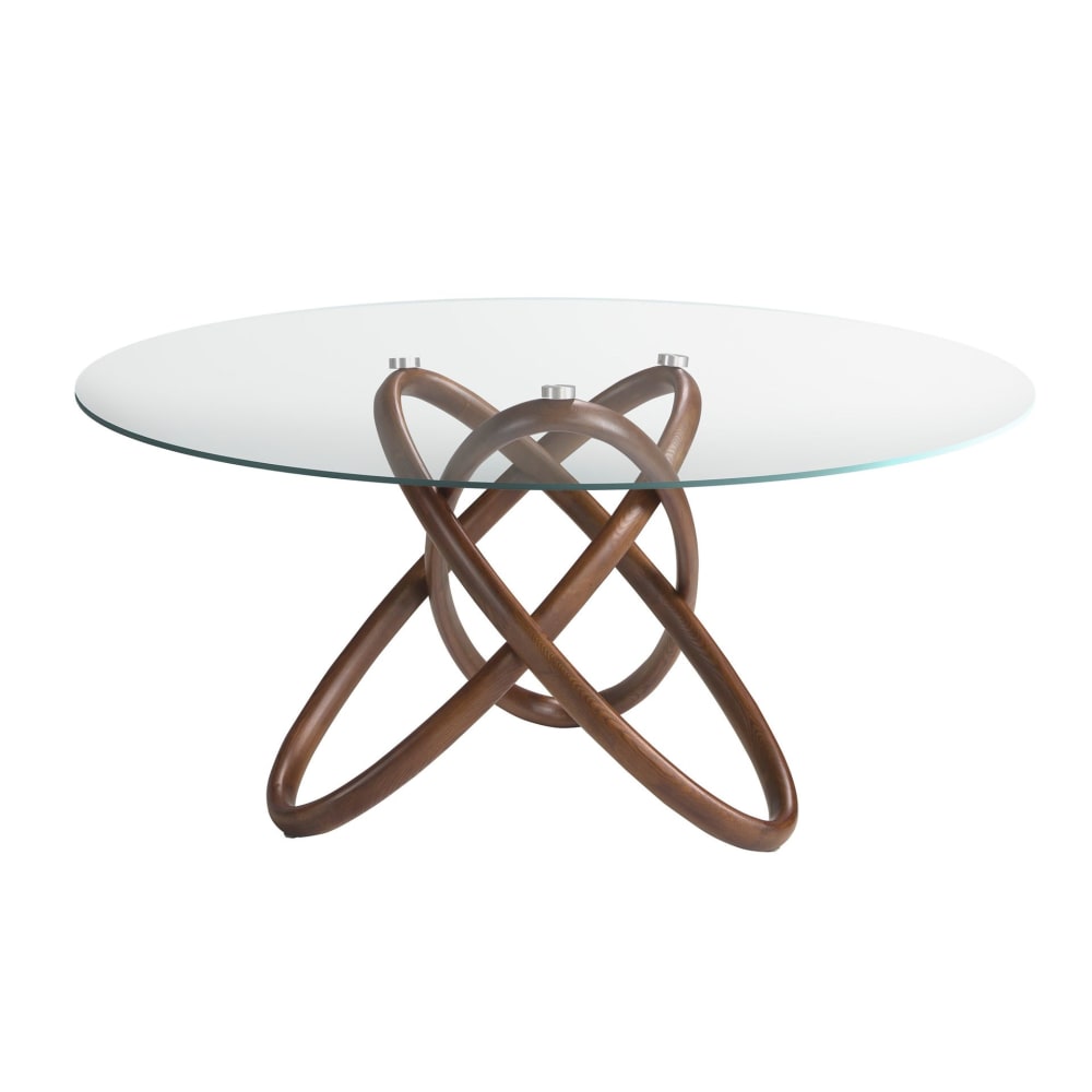Mesa comedor redonda cristal templado y nogal