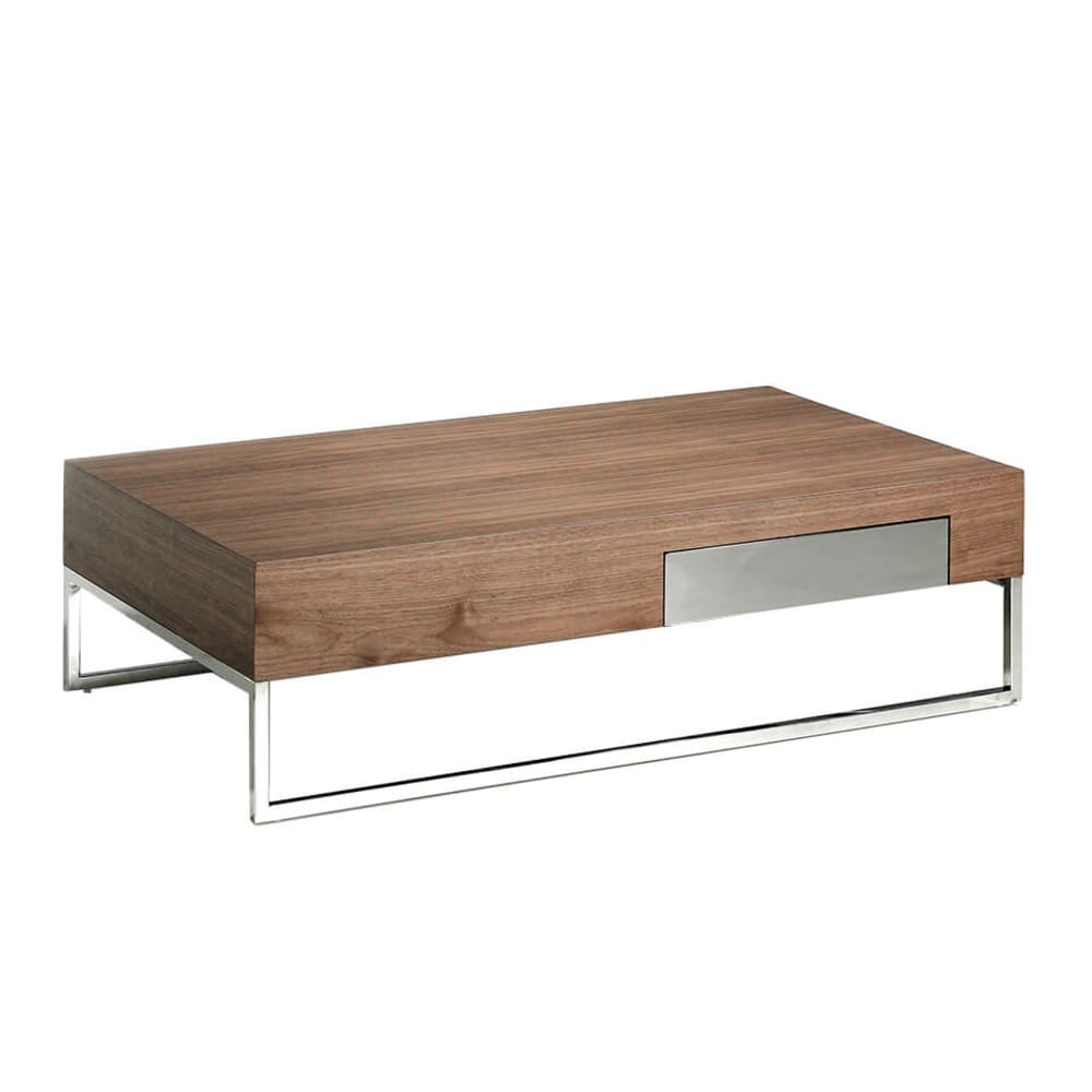 Table basse effet bois noyer et acier chromé