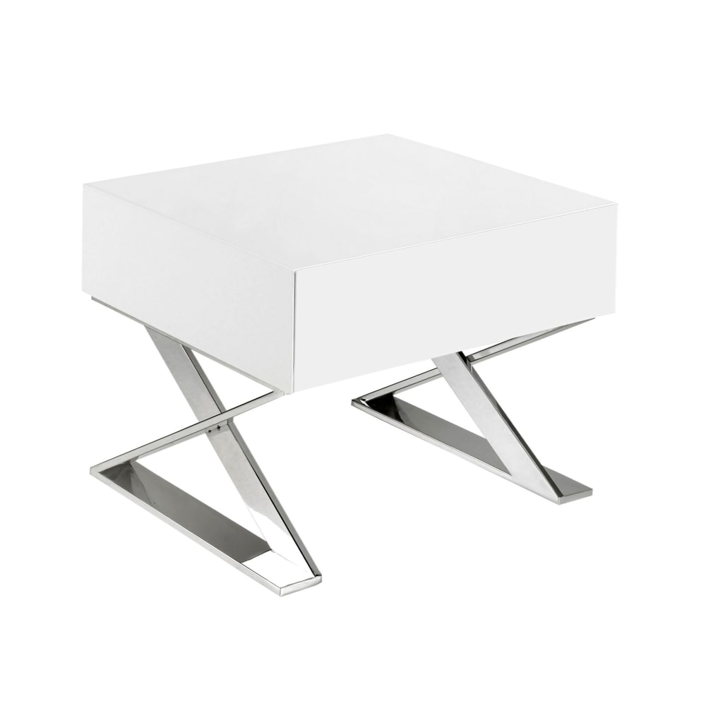 Table de chevet en bois blanc et acier chromé Table de chevet en bois blanc et acier chromé