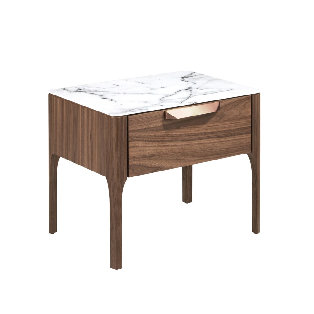 Comodino in legno di noce e finto con effetto marmo calacatta - Modello Contemporaneo - Marrone - Pannello di particelle