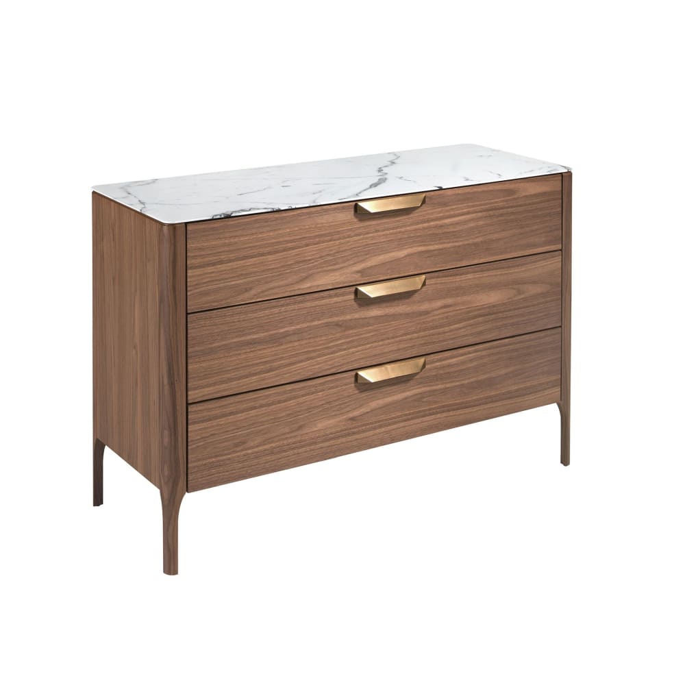 Commode en noyer avec plateau en verre effet marbre Commode en noyer avec plateau en verre effet marbre
