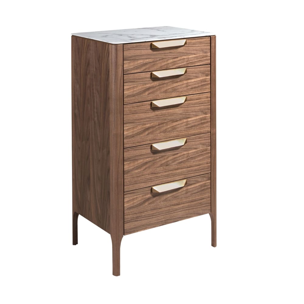 Chiffonnier en noyer avec plateau en verre imitation marbre Chiffonnier en noyer avec plateau en verre imitation marbre