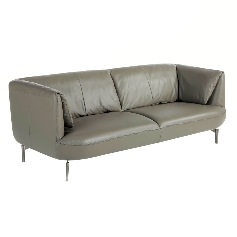 Canapé 3 places en cuir gris et acier - Maisons du Monde