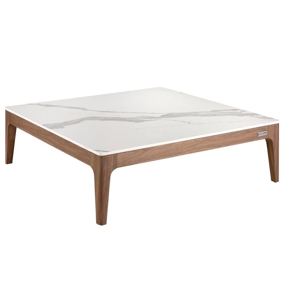Table basse carrée en porcelaine, marbre et noyer Table basse carrée en porcelaine, marbre et noyer
