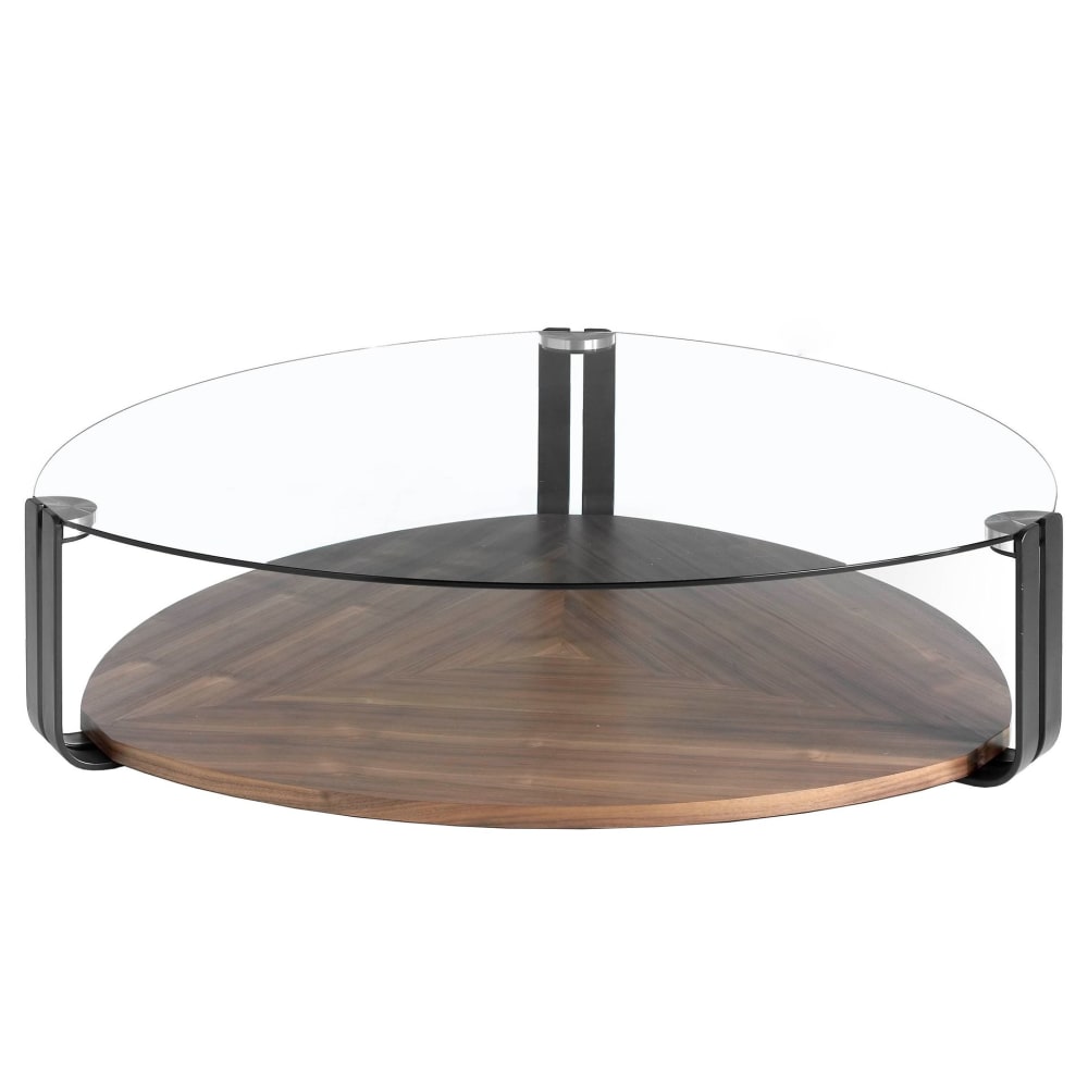 Table basse triangulaire en verre trempé, acier noir et noyer Table basse triangulaire en verre trempé, acier noir et noyer