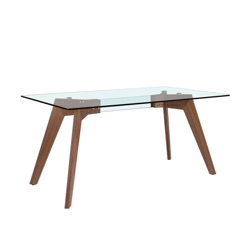 Table à manger en verre trempé et effet bois noyer