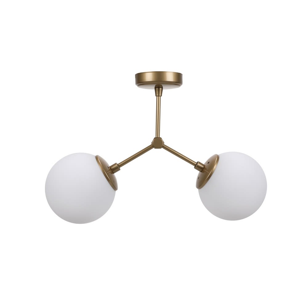 Plafonnier 2 lumières doré avec sphères en verre opale