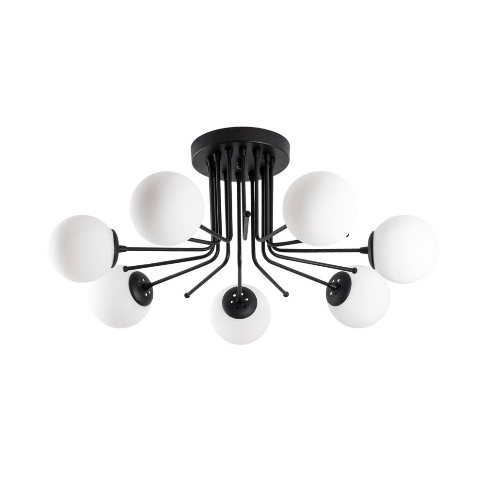 Plafón de techo negro 7 luces con esferas de cristal blanco