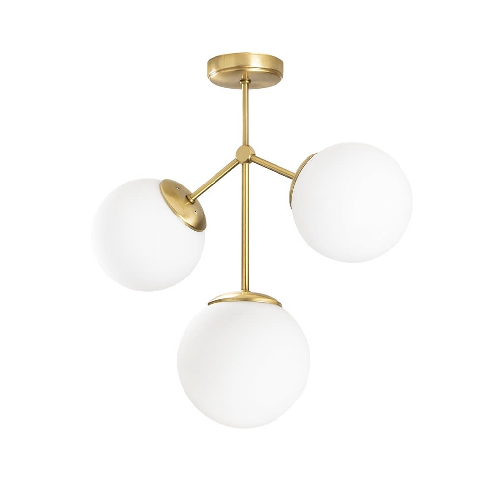 Plafonnier doré 3 lumières avec sphères en verre opale