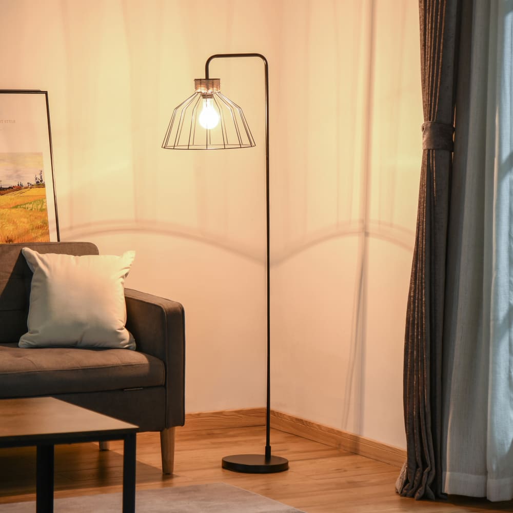 Lampadaire industriel grillagé arqué h154 cm métal noir rotin — vue 3