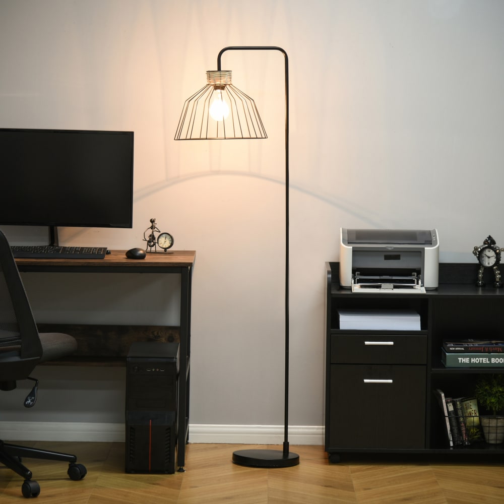 Lampadaire industriel grillagé arqué h154 cm métal noir rotin — vue 4