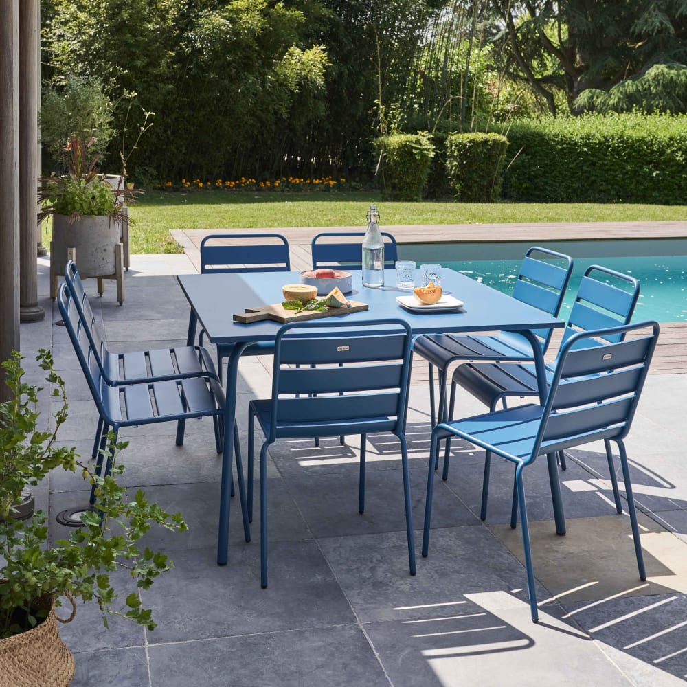 Ensemble table de jardin et 8 chaises en métal bleu pacific - Maisons du Monde