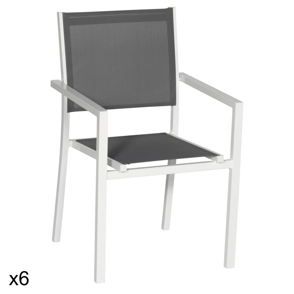 Lot de 6 chaises en aluminium blanc et textilène gris